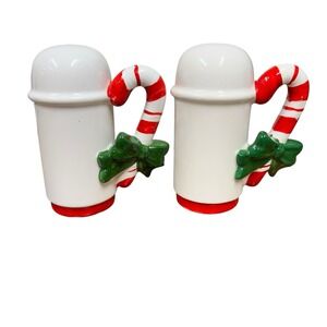 Enesco Christmas Salt‎ Pepper Shakers Candy Cane Mug Holiday Red White Vintage